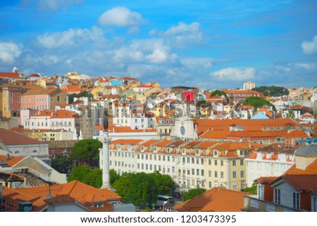 Skyline of Lisbon Old Town with Rossio square and King Pedro IV monumetn. Lisbon, Portugal