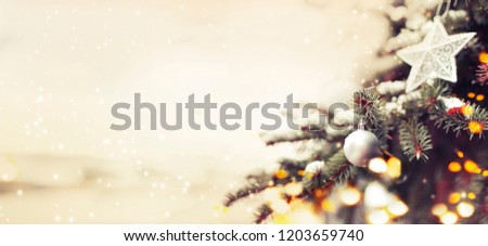 Christmas decoration with snow on winter nature background