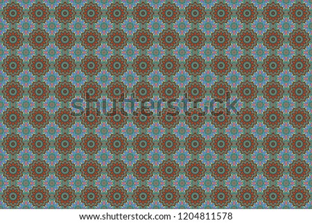 Abstract colorful seamless pattern. Ornament in brown, yellow and blue colors. Indian, Arabic, Turkish motifs for printing on fabric or paper. Raster vintage decorative elements.