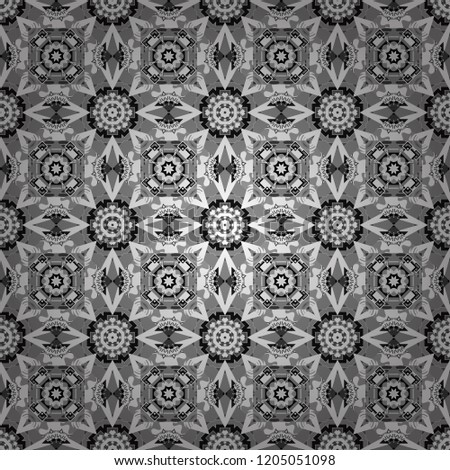 Abstract vector geometric seamless pattern with circles, lines and rhombuses in white, gray and black colors.