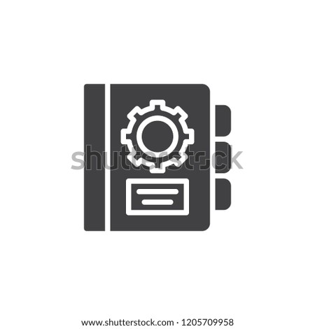 Manual book vector icon. filled flat sign for mobile concept and web design. Agenda with gear simple solid icon. Symbol, logo illustration. Pixel perfect vector graphics