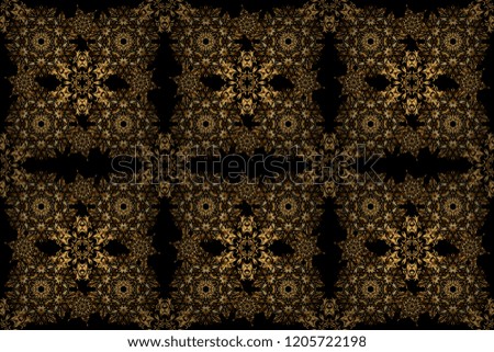 Raster ornate elements for design. Ornamental pattern for invitations, greeting cards, wrapping. Traditional floral decor. Decorative golden seamless pattern on a black background.