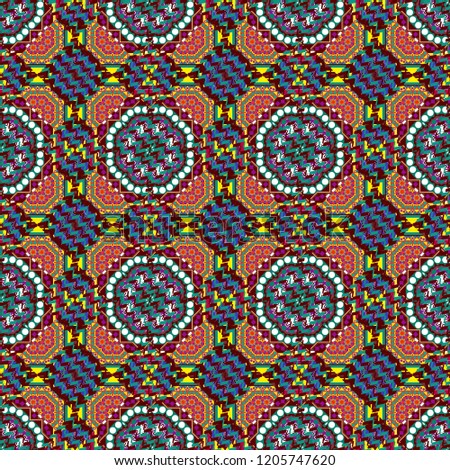 Moroccan, Turkish, Indian modern floor tiles in red, green and blue colors. Seamless vector background pattern.