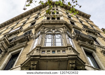Building facade: Architectural fragments of ancient buildings. Barcelona. Spain.