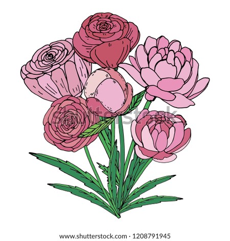 Vector bouquet of pink peonies.