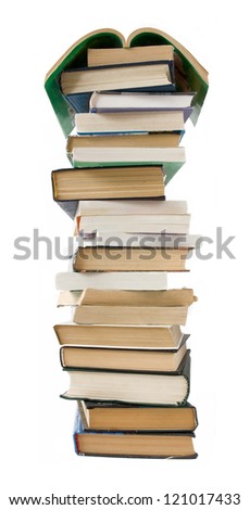 Old and new book pile isolated on white background
