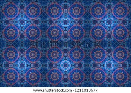 Colorful mosaic backdrop in green, orange and blue colors. Raster illustration. Geometric hipster tiles background. Abstract retro seamless pattern of geometric shapes.