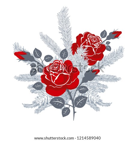 
Vector composition of roses and fir branches with cones. Sketch bouquet isolated on white background. Floral template in vintage style.