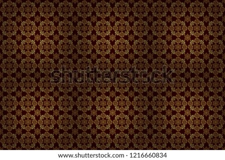 Raster illustration. Luxurious seamless pattern of golden ornament with stylized waves on a brown background.