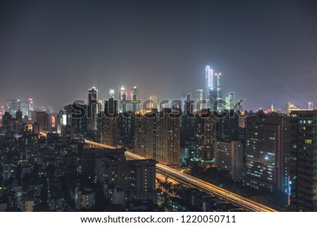 Guangzhou night cityscape and busy traffic