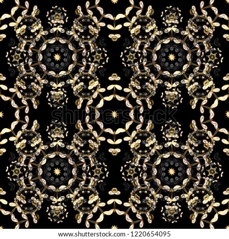 Classic vintage background. Vector illustration. Seamless classic vector golden pattern. Seamless pattern on brown, gray and black colors with golden elements. Traditional orient ornament.