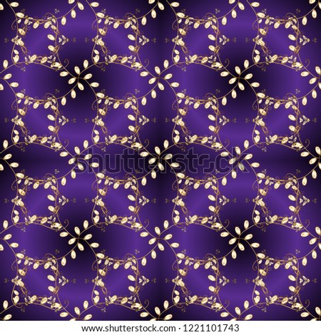 Gold floral ornament in baroque style. Golden element on violet, gray and brown colors. Damask ornamental repeating pattern. Antique golden repeatable wallpaper.