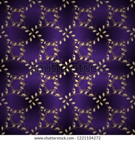 Vector ornamental pattern with gold antique floral medieval decorative, leaves and golden pattern ornaments on violet, gray and brown colors. Ornamental royal luxury golden baroque damask vintage.
