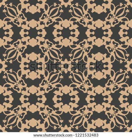 Vector damask seamless retro pattern background spiral curve cross plant vine star flower kaleidoscope. Elegant luxury brown tone design for wallpapers, backdrops and page fill.