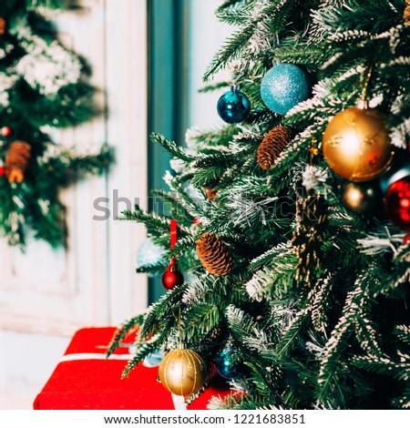 Background, square blank: Christmas tree decor, gifts, toys.