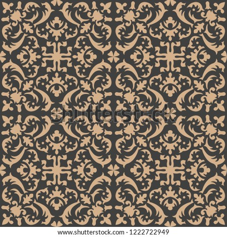 Vector damask seamless retro pattern background spiral curve cross leaf vine flower kaleidoscope. Elegant luxury brown tone design for wallpapers, backdrops and page fill.