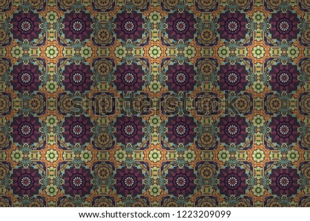 Vibrant style pattern. Geometric repeating wallpaper. Raster abstract holographic seamless pattern in violet, green and gray colors. Mandalas on the background.