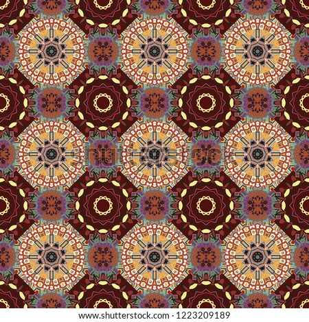 Background. Vintage abstract mandala colorful seamless pattern in brown, gray and orange colors.