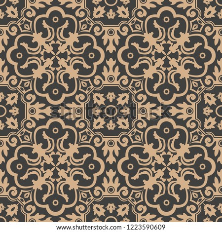 Vector damask seamless retro pattern background spiral curve cross leaf vine frame flower. Elegant luxury brown tone design for wallpapers, backdrops and page fill.