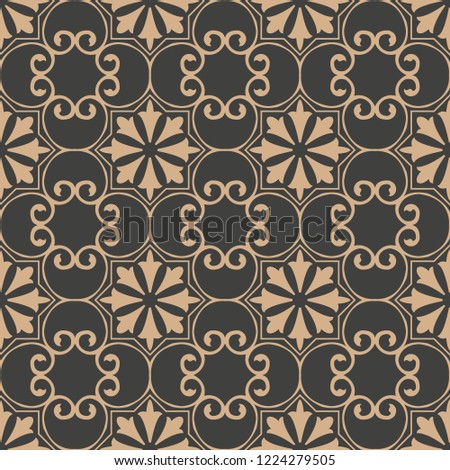 Vector damask seamless retro pattern background spiral curve cross frame vine flower kaleidoscope. Elegant luxury brown tone design for wallpapers, backdrops and page fill.