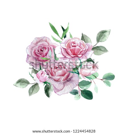 Watercolor pink roses and eucalyptus bouquet isolated on white background. Concept for card, invitation, poster, scrapbooking and wedding stationery design.  