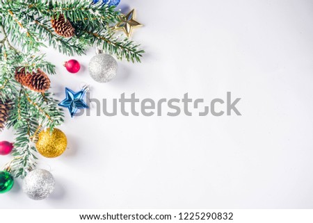Christmas decoration layout on white background copy space top view