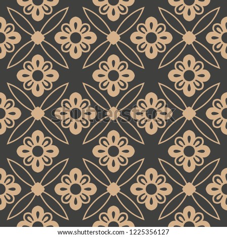 Vector damask seamless retro pattern background round curve cross flower petals frame. Elegant luxury brown tone design for wallpapers, backdrops and page fill.