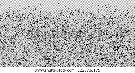 Scattered dense balck dots. Dark points dispersion on transparent background. Breathtaking grey spots dispersing overlay template. Fancy vector illustration.