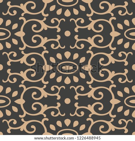 Vector damask seamless retro pattern background oval round curve cross frame vine chain crest leaf flower. Elegant luxury brown tone design for wallpapers, backdrops and page fill.