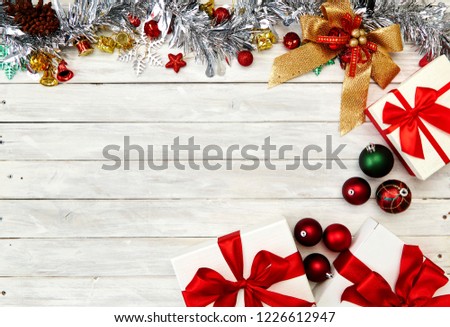 Happy New Year 2019 and Christmas on white wooden background with decoration, gift box, Star shape, baubles and pine tree branches board ,Holidays banner, Flat lay, Top view and Copy Space 