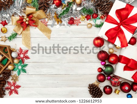 Happy New Year 2019 and Christmas on white wooden background with decoration, gift box, Star shape, baubles and pine tree branches board ,Holidays banner, Flat lay, Top view and Copy Space 