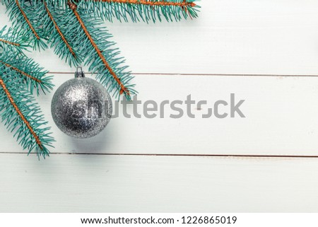Christmas background, pine tree branches with decoration