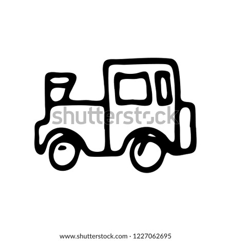 Hand drawn toy car doodle. Sketch children's toy icon. Decoration element. Isolated on white background. Vector illustration.