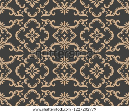 Vector damask seamless retro pattern background oriental spiral curve cross frame leaf vine flower chain. Elegant luxury brown tone design for wallpapers, backdrops and page fill.