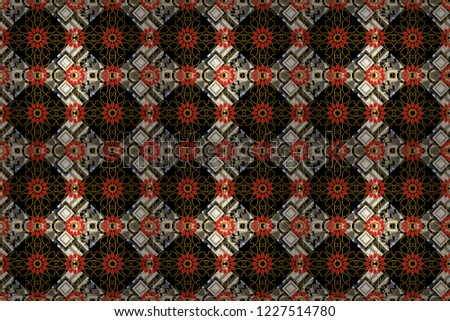 Random geometric shapes seamless pattern in orange, black and gray colors. Geometrical simple raster art. Print card, cloth, shirts, dress, wrapper, cover. Creative, luxury style.