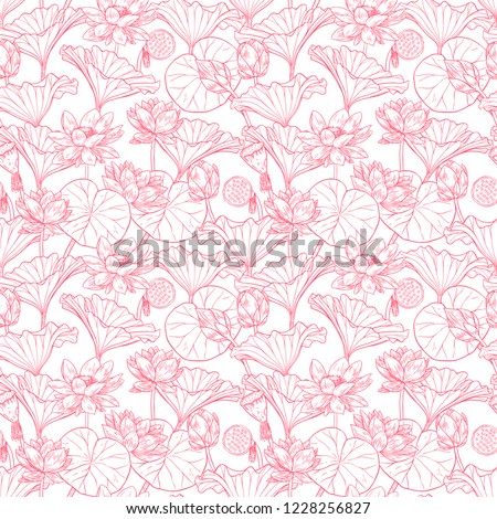 Beautiful seamless background of lotus flower and leaves. Hand-drawn illustration