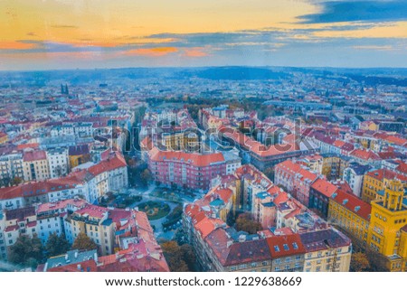 Top view of Prague from observation deck through window glass. Autumn city at dusk.