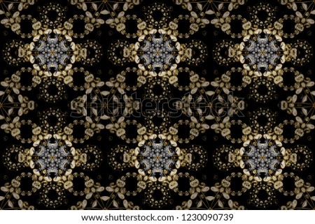 Raster illustration. Damask gold abstract flower seamless pattern on black, brown and beige colors. Ornate decoration.