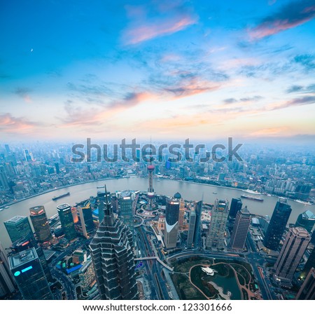 bird's eye view of shanghai panorama with beautiful sunset glow