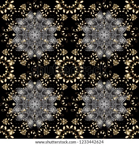 Ornate decoration. Golden pattern on black colors with golden elements. Seamless damask pattern background for wallpaper design in the style of Baroque.