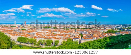 Aerial view of Lyon dominated by Part Dieu commercial center, France
