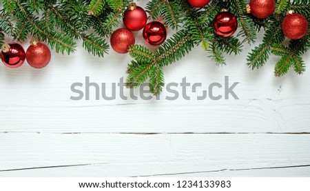 Christmas frame with fir trees and red balls
