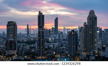 Bangkok City - Aerial view  beautiful sunset  Bangkok city tower downtown skyline of Thailand , City scape at night  , landscape Bangkok Thailand