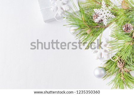 Holiday background with christmas branches and  gift box on a light background