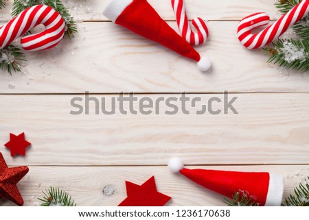 Christmas holidays composition on wooden background. Copy space. Top view 