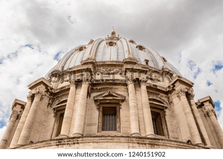 st. peter's basilica dome. View from low angle to dome of St. Peter Basilica. Close up view. Vatican, Rome, Italy