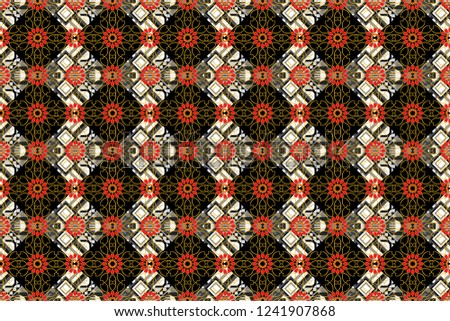 East culture, indian heritage, arabesque, persian motif. Seamless arabic geometric pattern. Raster traditional muslim background in gray, orange and black colors.
