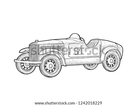 Retro car roadster. Side view. Vintage black engraving illustration for poster, web. Isolated on white background.