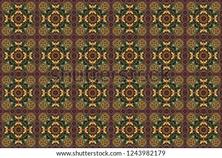 Raster illustration. Seamless geometric pattern with mandalas. Stylish ornamental wallpaper in black, brown and green colors.