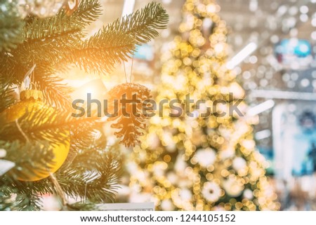 close up view of decorative toys on christmas tree, selective focus